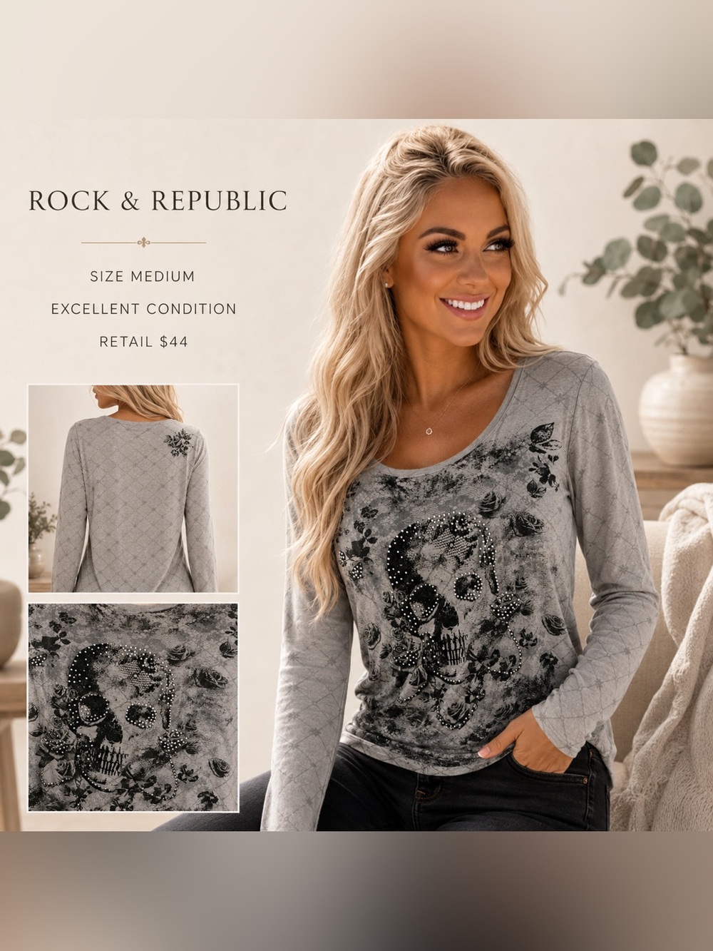 Rock & Republic Gray Skull & Floral Long-Sleeve Tee